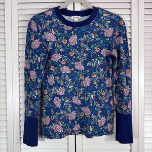 Sundance Waffle Knit Thermal Floral Long Sleeve Tee Top Blue Size Small